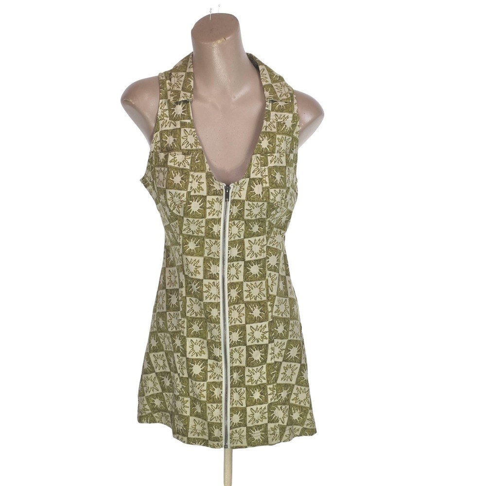 Urban Outfitters Dress Womens S Green Collared‎ Zip Front Linen Mini Sleeveless - Picture 2 of 9